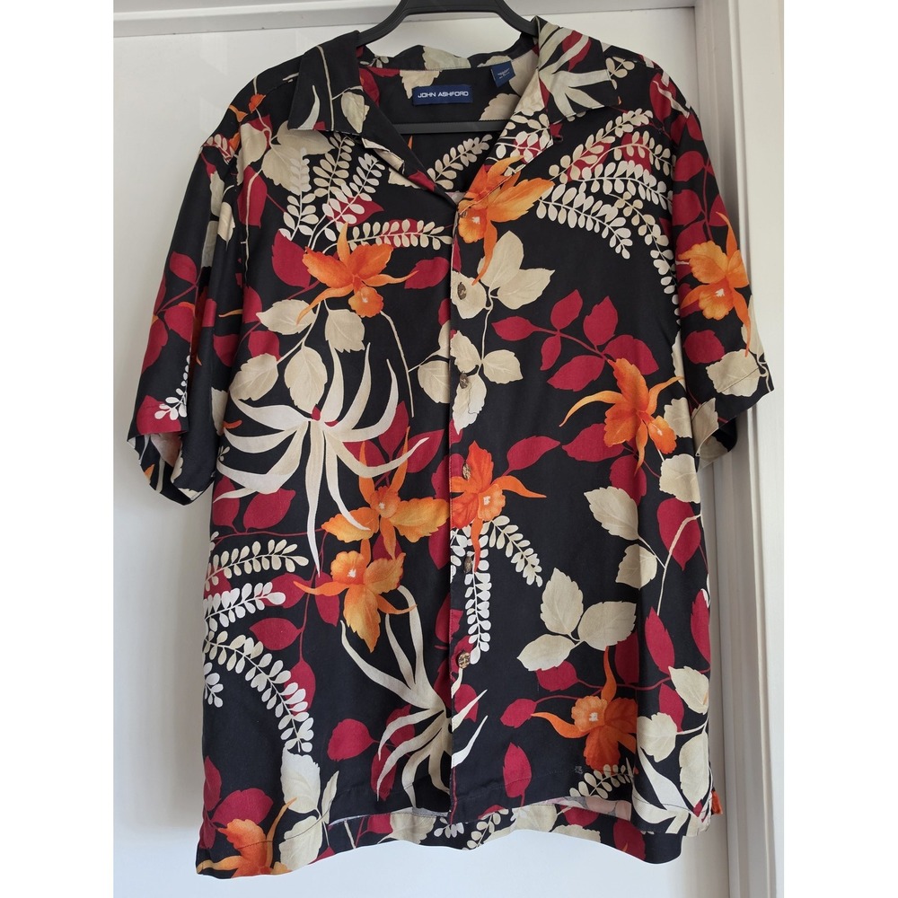 John Ashford Silk Shirt Men L Floral Black Orange Short Sleeve Resort Top